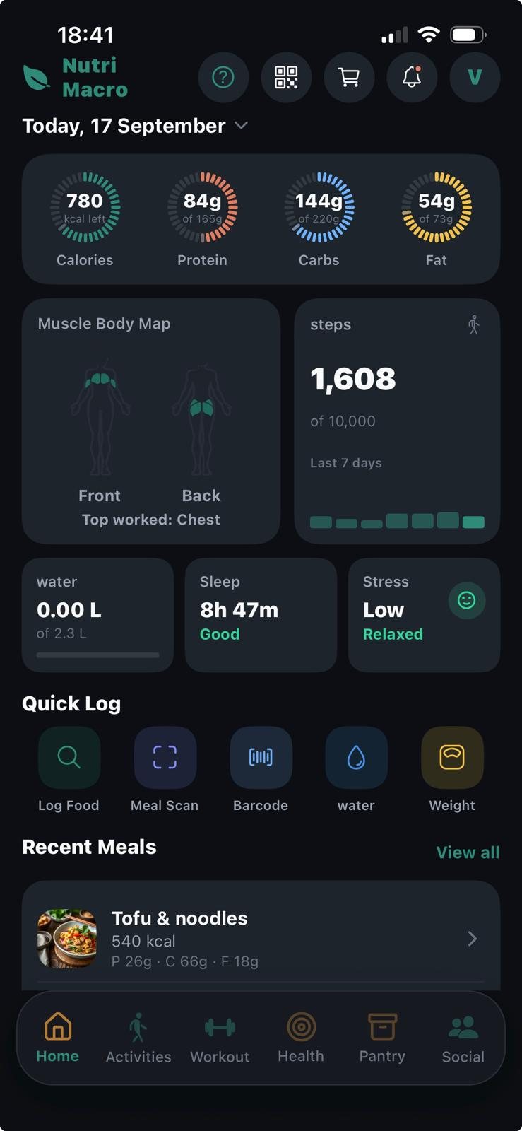 Nutri Macro Home screen: calories and macros left today, muscle body map, steps, water, sleep, stress and quick log