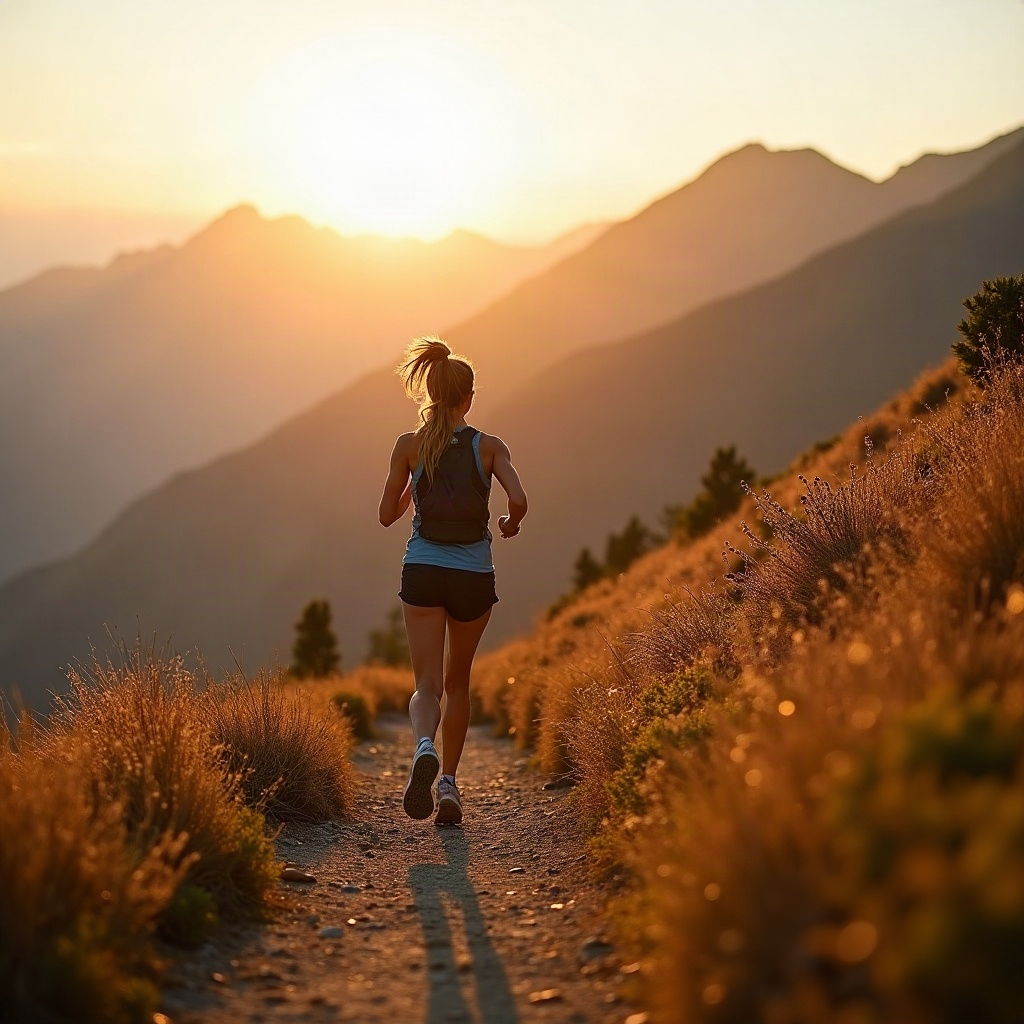 A woman trail running in the mountains