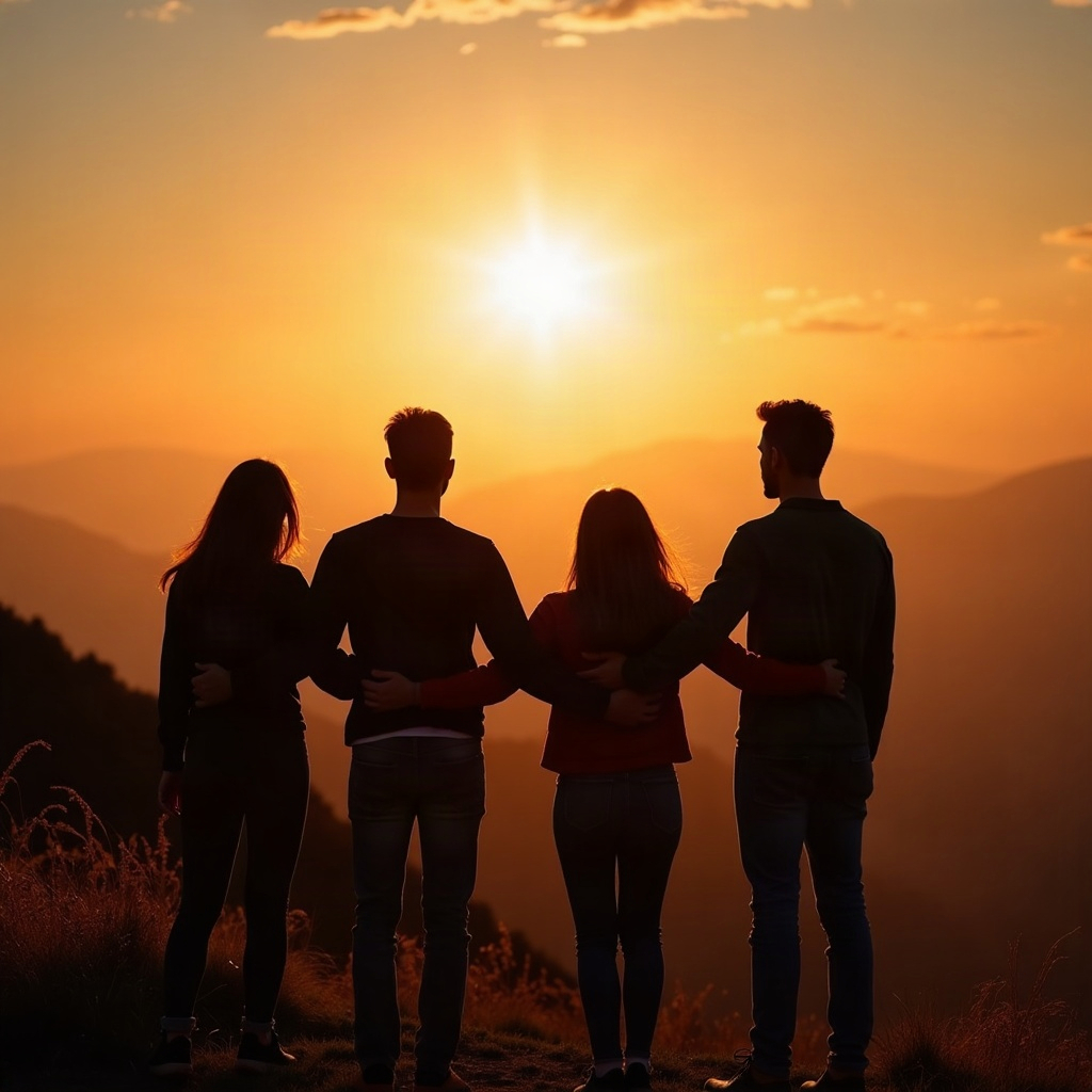 Four friends watching the sunset from a hilltop