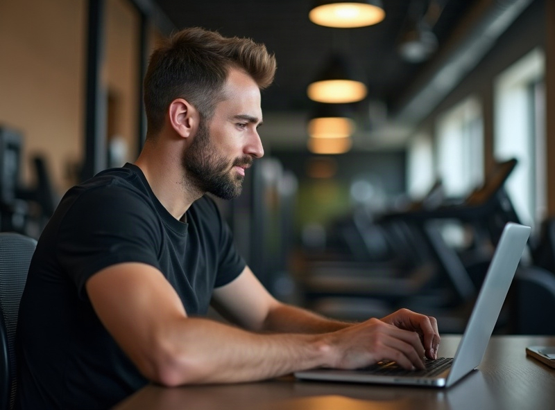A gym owner working at a laptop
