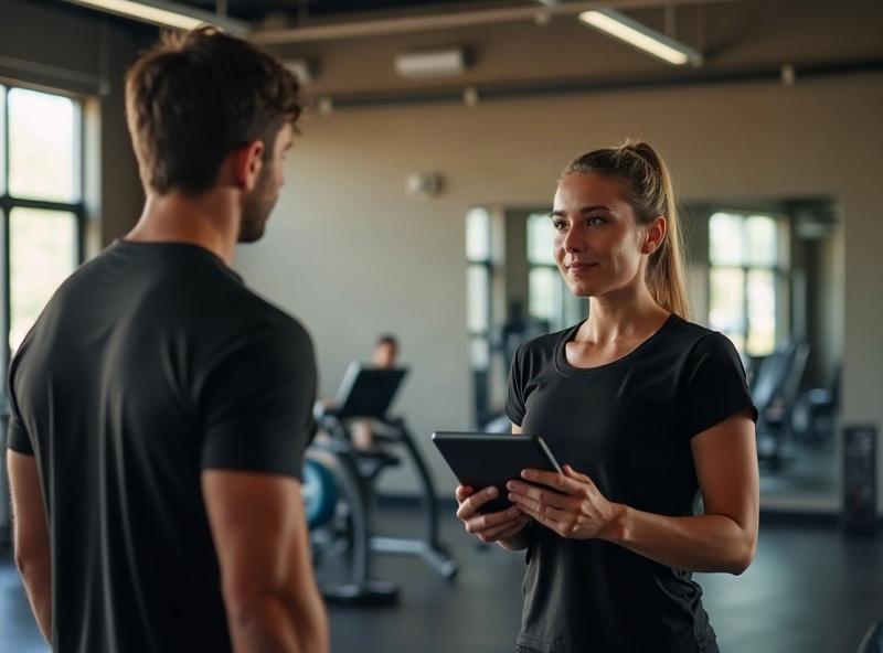 A trainer with a tablet coaching a client