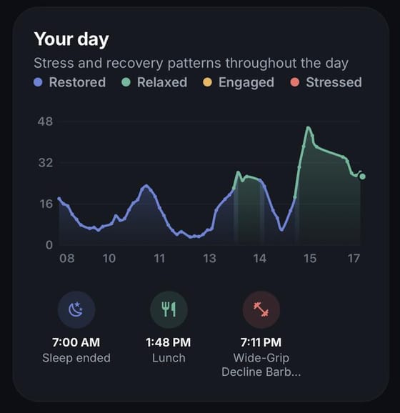 Your day: stress and recovery from 8am to 5pm shaded restored, relaxed, engaged or stressed, marked with when sleep ended, lunch, and an evening barbell session.
