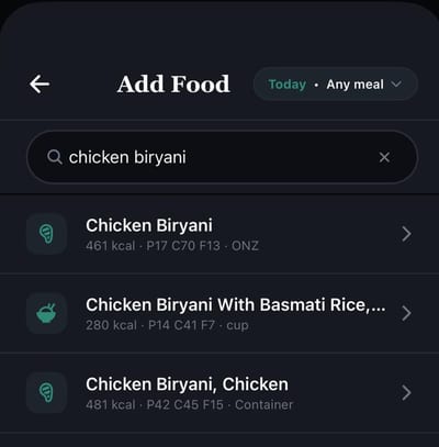 Searching Add Food for chicken biryani, with three matches showing calories and macros per serving.