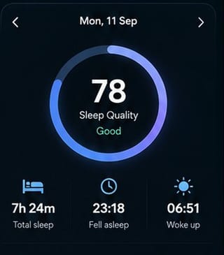 A sleep score of 78, rated Good, with 7h 24m total sleep, asleep at 23:18 and awake at 06:51.