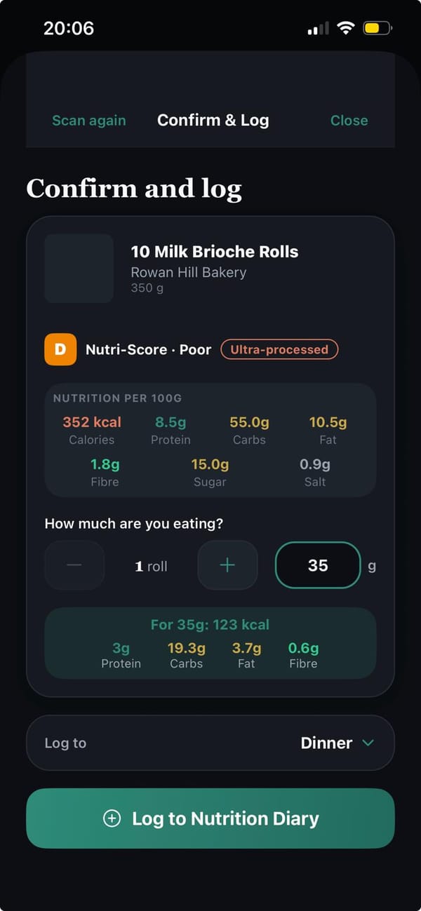 A scanned pack of milk brioche rolls showing Nutri-Score D, an ultra-processed flag, the full per-100g panel, and the macros recalculated for the 35g actually being eaten.