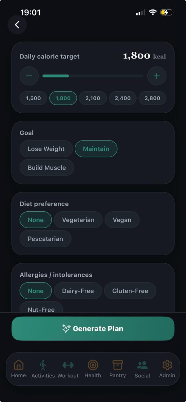 Meal plan setup: a daily calorie target of 1,800 kcal, a goal of Maintain, diet preference and allergies, and a Generate Plan button.