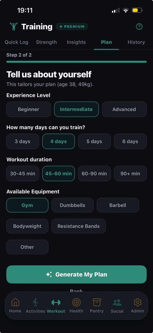 Plan setup: experience level Intermediate, four training days a week, 45 to 60 minute sessions, and available equipment, above a Generate My Plan button.