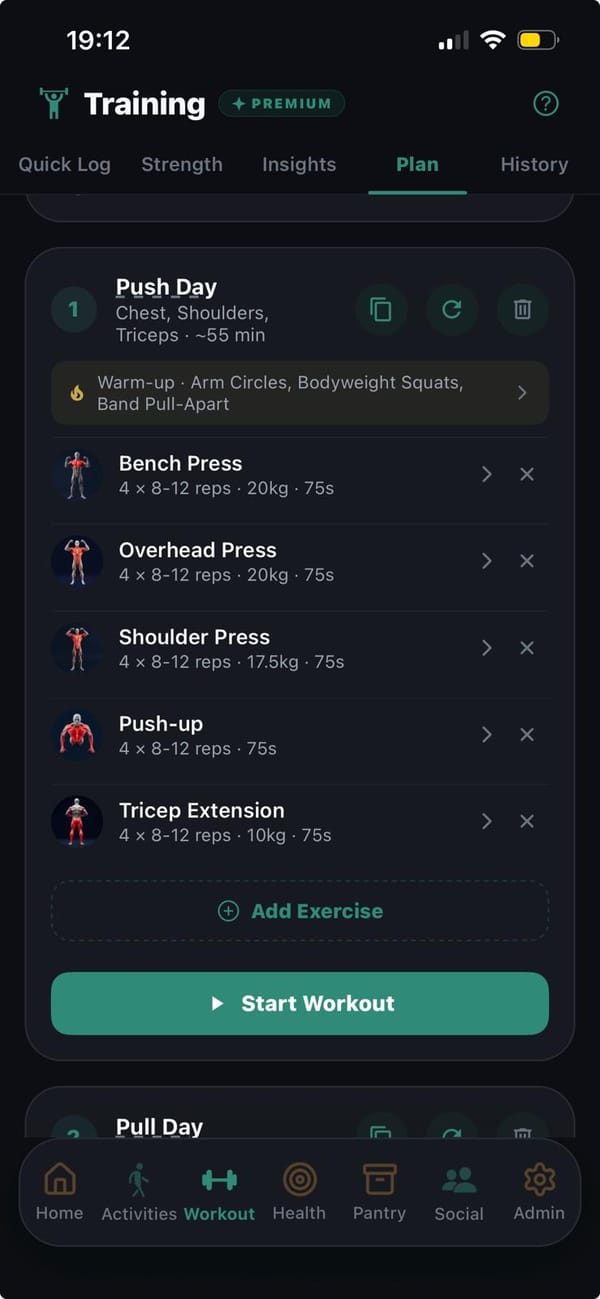Push Day: chest, shoulders and triceps, about 55 minutes, with a warm-up and five exercises at four sets of 8 to 12 reps, above a Start Workout button.