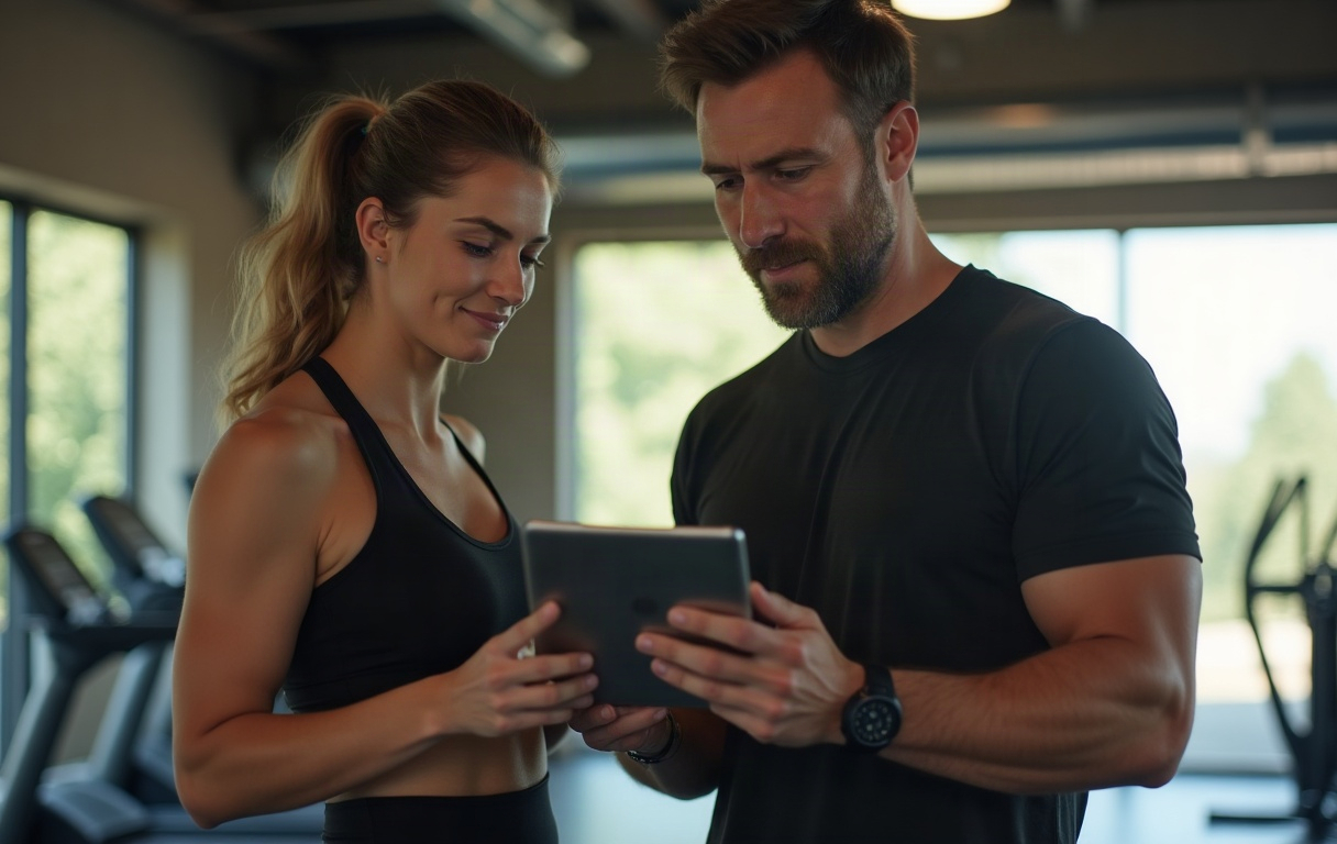 A trainer going through a plan with a client in the gym